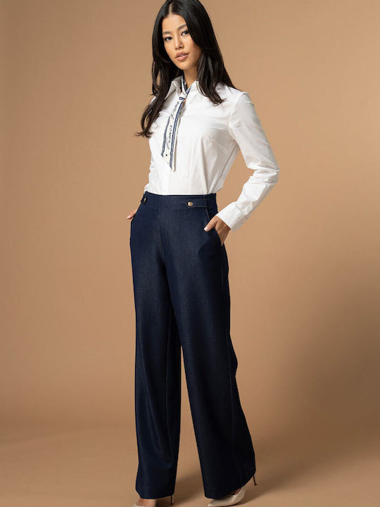 Lidya Women's High Rise Fabric Trousers in Wide Leg Style Navy Blue