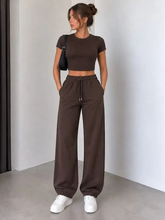 High Waist Sweatpants Wide Fleece Brown