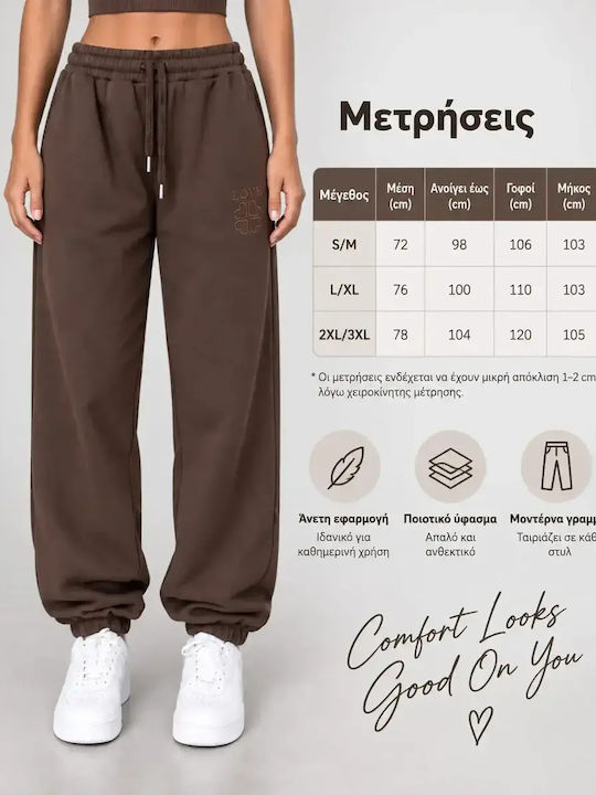 High Waist Sweatpants Wide Fleece Brown