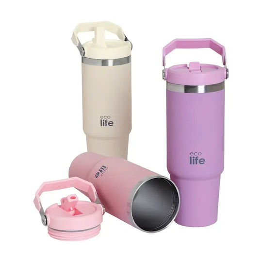Ecolife Recyclable Thermos Bottle Stainless Steel / Aluminum BPA Free 900ml Light Rose with Handle and Straw