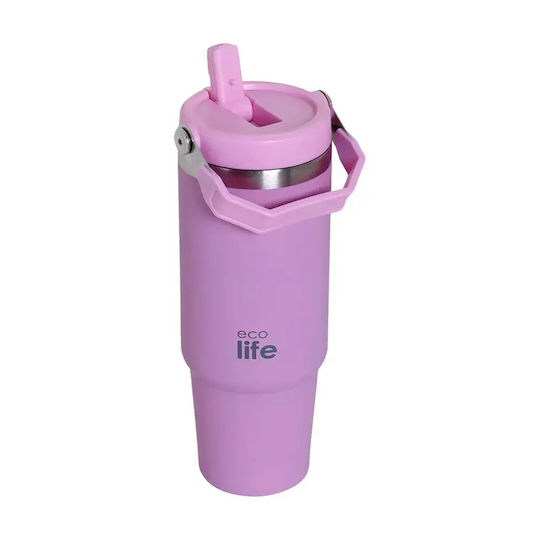 Ecolife Рециклируема Чаша Термос Неръждаема Стомана / Алуминий Без BPA 900ml Лилав с Дръжка и Сламка