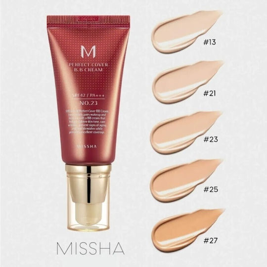 Missha Perfect Cover BB 25 Топло Бежово 25 Топло Бежово Лек Дневен Крем За Лице Със SPF42 За Хидратация, Против Несъвършенства И Блясък С Хиалуронова Киселина И Колаген 20 мл