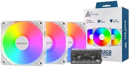 Montech E28 ARGB Gehäuselüfter 120mm (2000rpm / 85,09cfm) mit ARGB Beleuchtung und Verbindung 4-Pin PWM 3 Stück Weiße