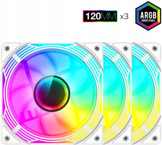 GameMax KF300R Обратен Перкa Вентилатор за Кутия 120mm (1600rpm / 44.35cfm) с ARGB Осветление и Свързване 4-изводна ШИМ 3бр Бял