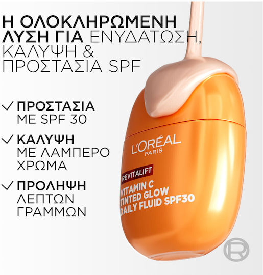 L'Oreal Paris Revitalift Vitamin C Tinted Glow Light Fluid Day Face Cream with Color and SPF30 for Moisturizing & Blemishes with Vitamin C & Vitamin E 40ml