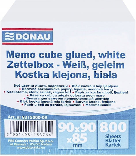 Donau Κολλητό Μπλοκ Donau 90x90x85mm Περίπου 800 Φύλλα Λευκό