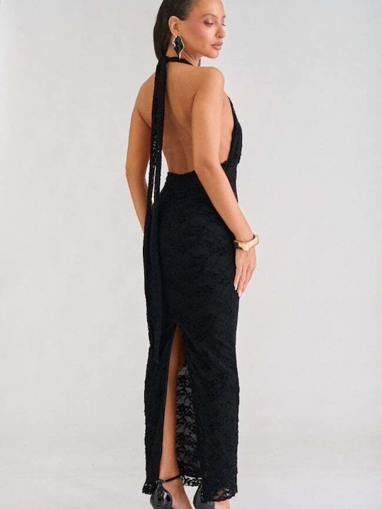 Maxi Evening Dress Strapless Velvet Open Back with Lace Black