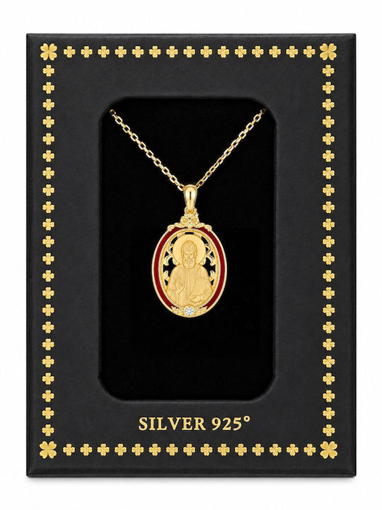 Ulysses Silver Pendant Talisman “Saint Paisios” Silver 925 14k Gold Plated Burgundy Enamel Chain Gold Plated Silver 925