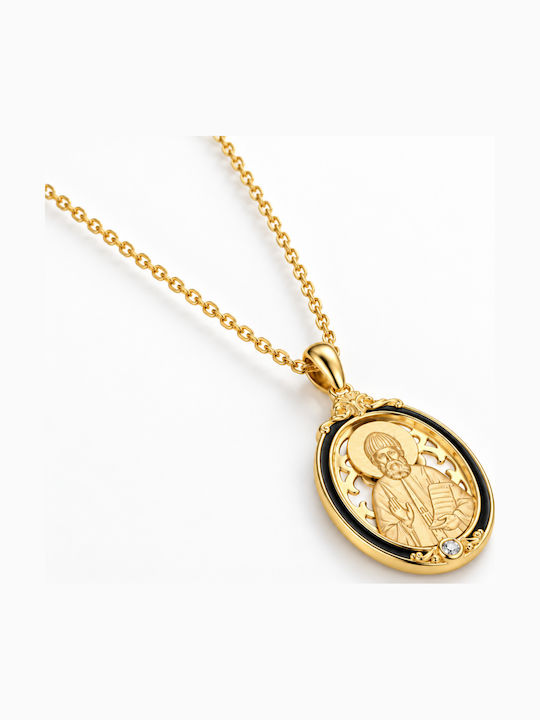 Ulysses Silver Pendant “Saint Paisios” Silver 925 14k Gold Plating Black Enamel Chain Gold Plated Silver 925