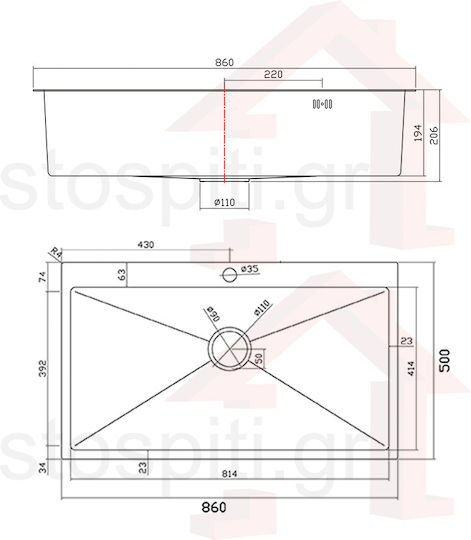 Sanitec Vision Drop-In Küchenspüle Inox Satiniert M86xB50cm Silber