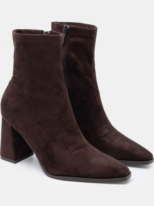 Suede Women's Ankle Boots with High Heel Brown