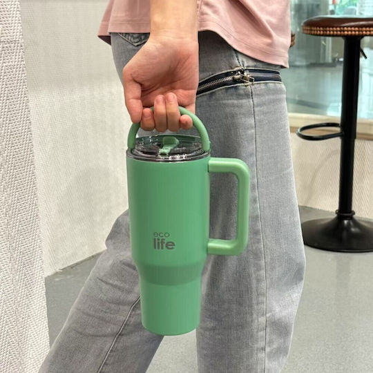 Ecolife Чаша с дръжка Термос Без BPA 900ml Зелен Чай Ecolife с Сламка и Дръжка
