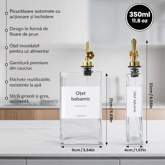 Set 4 Square Bottles Oil Vinegar & Liquid Spices 350 Ml Drip-proof Dispenser Labels Included