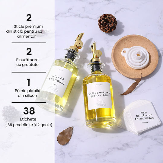 Set 4 Sticle Rotunde Pentru Ulei Oțet și Condimente Lichide 350 Ml Dispenser Fără Picurare Etichete Incluse
