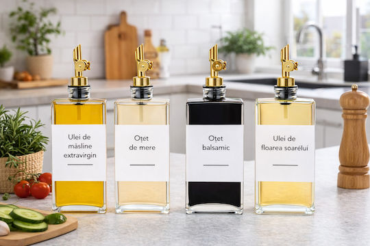 Set 4 Square Bottles Oil Vinegar & Liquid Spices 350 Ml Drip-proof Dispenser Labels Included