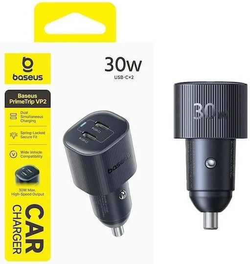 Baseus Primetrip Handy-Autoladegerät 30W mit Anschlüssen: 2xUSB-A 1xType-C Schwarz Farbe