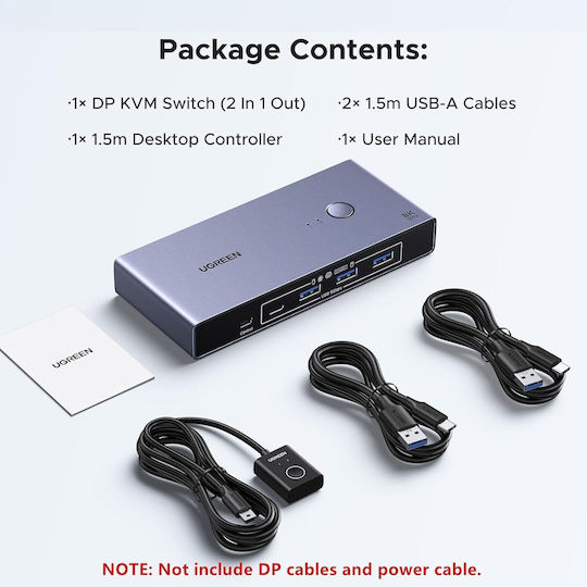 Ugreen Comutator KVM DisplayPort 8K 60Hz 1.4 4 Porturi USB 2 Bucăți 1 Monitor USB 3.0 5Gbps Comutator Cu Fir Inclus Suport HDR 4K 240Hz