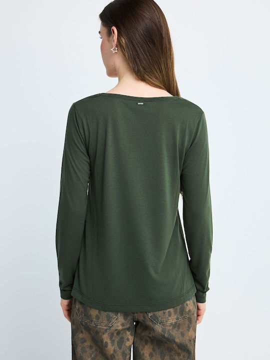 Damen Bluse Langärmelig mit V-Ausschnitt Khaki