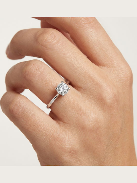 Single Stone Ring In 14K White Gold With Synthetic Diamond