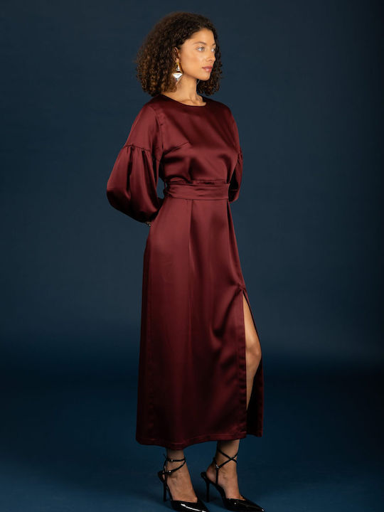 Rochie Midi De Seară Din Satin Burgundy