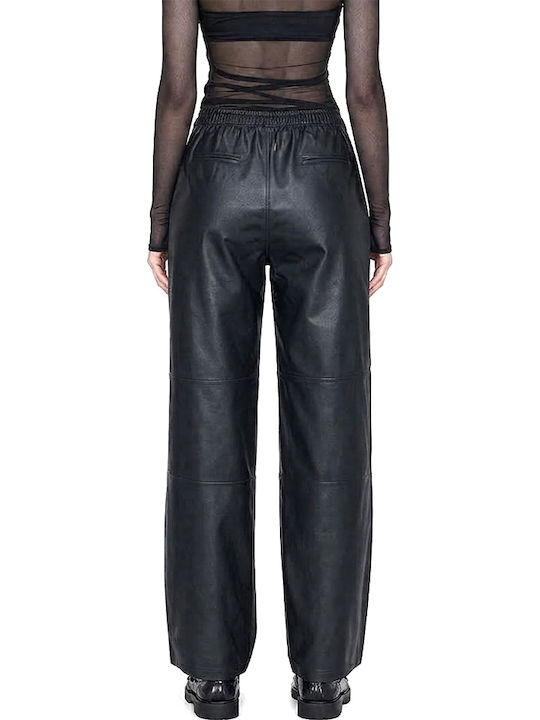 MY T Damen Hochbund Leder Hose mit Gummiband Schwarz