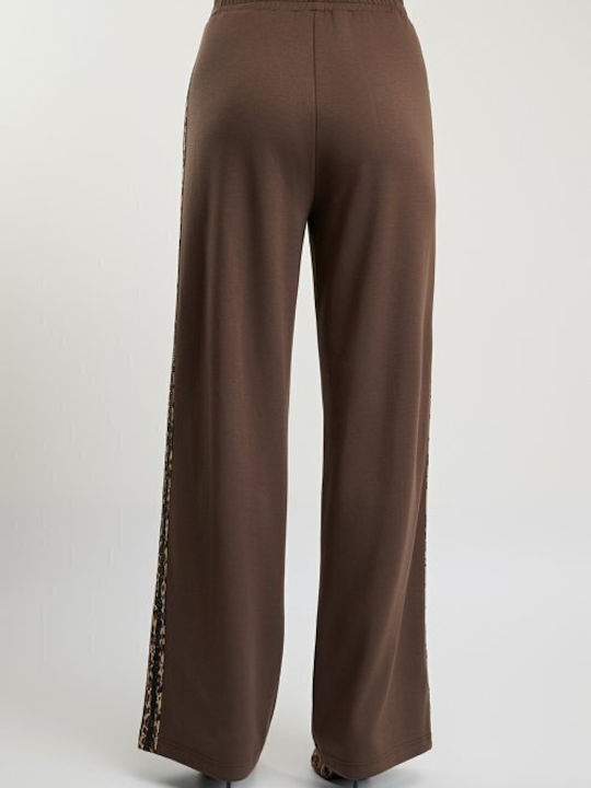 Women's Brown Set with Trousers with Elastic in Loose Fit Leopard