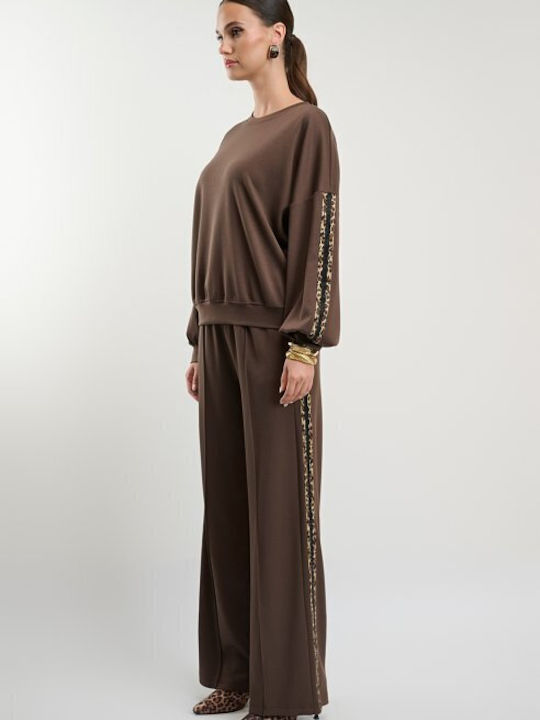 Women's Brown Set with Trousers with Elastic in Loose Fit Leopard