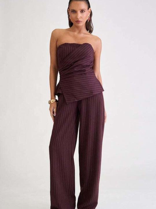 Damen Burgundisches Set mit gestreiftem Hosen für Damen