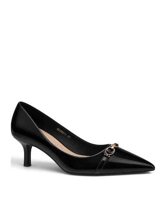 Spitze Zehen Pumps aus Lackleder mit Dünnem Mittlerem Absatz Schwarz