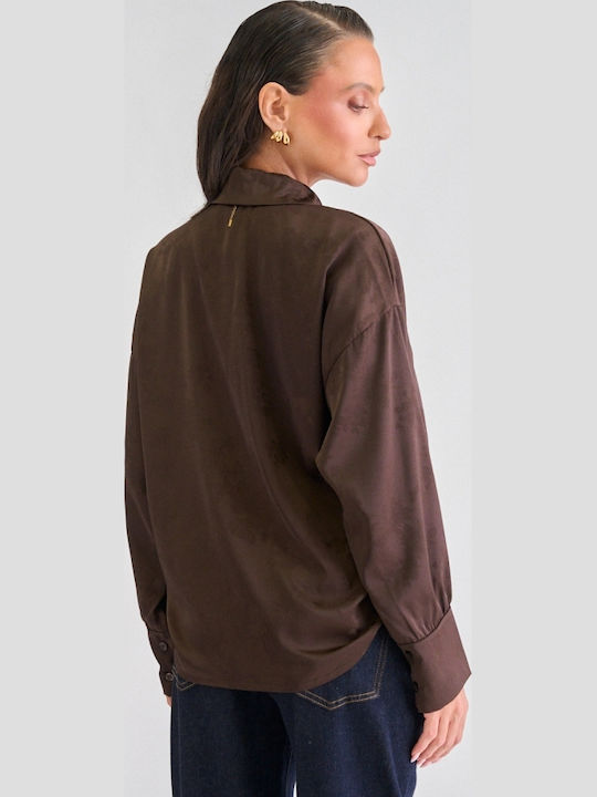 Langärmeliges Damenhemd Satin Braun Dunkel