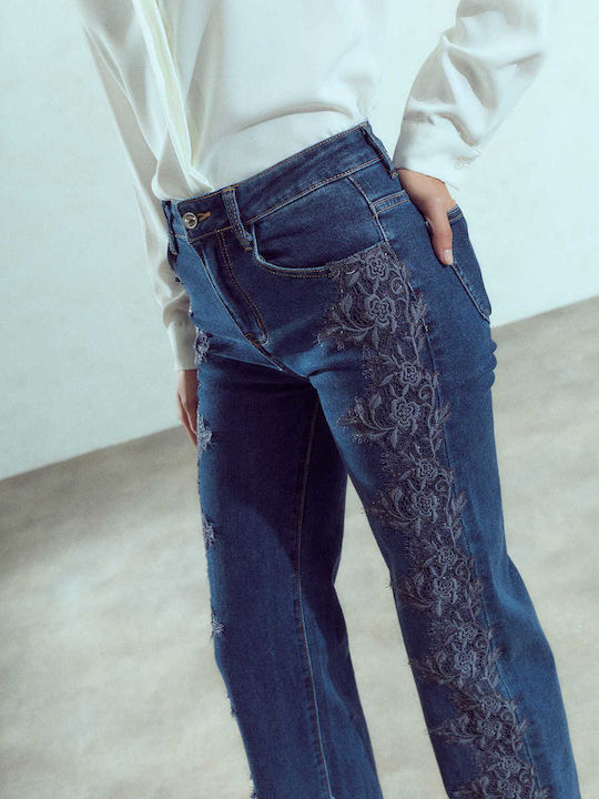 Celestino Γυναικείο Τζιν Wide Leg Κέντημα Στο Πλάι Loose Fit Σκούρο Μπλε