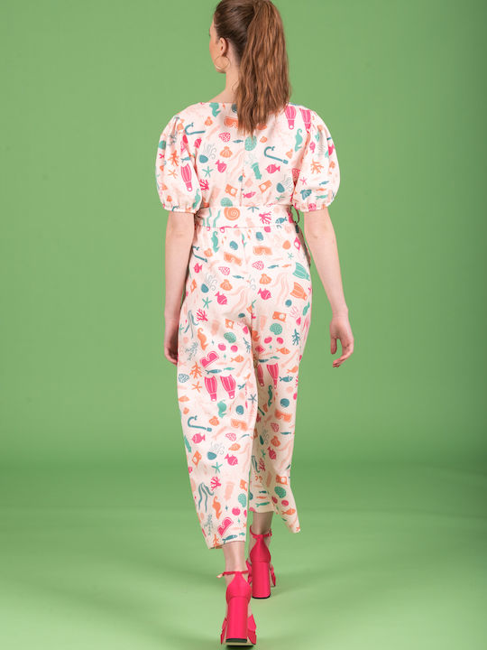 Damen Jumpsuit Weiß Rosa 123-21337-Weiß Rosa (002)
