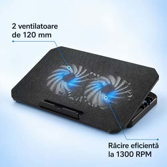 Suport de răcire pentru laptop Ga4 2 ventilatoare de 120 mm 7 niveluri compatibil cu dimensiuni de 12–17” Negru