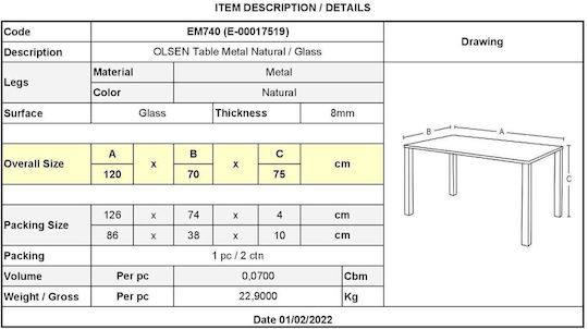 Olsen Dining Room Table with Glass Surface Natural 120x70x75cm EM740