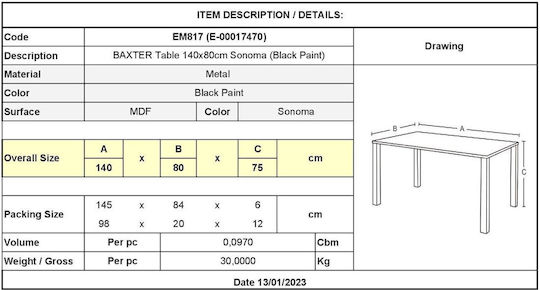 Baxter Masă de sufragerie din lemn cu cadru metalic Sonoma 140x80x75 cm