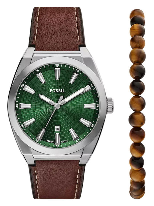 Fossil Everett Ανδρικό Ρολόι Μπαταρίας με Καφέ Δερμάτινο Λουράκι