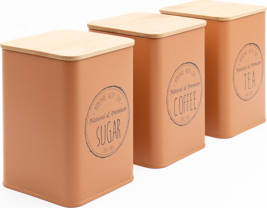 Set of 3 Metallic Jars Coffee – Sugar – Tea 10x10x13 Bamboo Lids Sidirela Orange E-0038-2