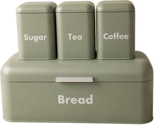 Set 4 Grüne Metallische Brottasche 3 Boxen Tee Kaffee Zucker 41x22x16cm 10,5x10,5x15cm