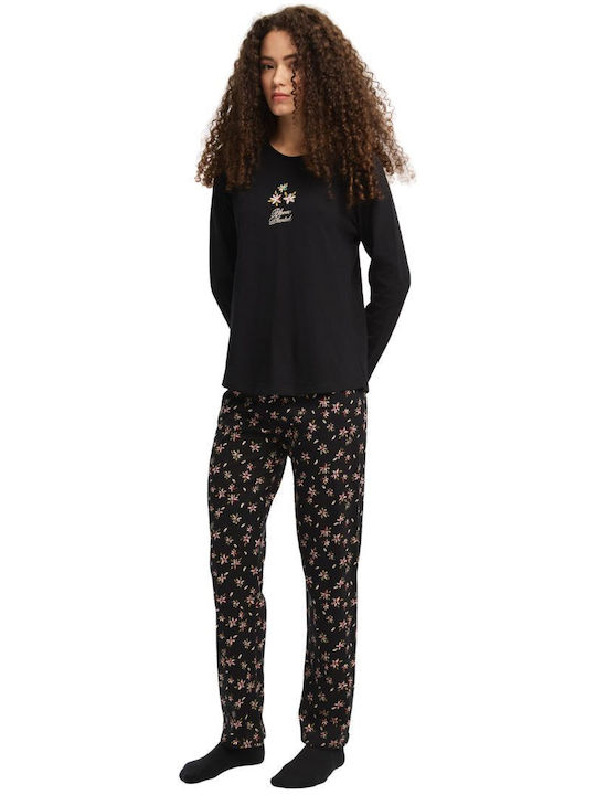 Minerva Minerva Damen Schlafanzug & Pyjamas Winter Schwarz Bloom