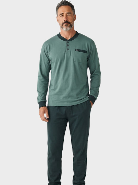 Ανδρική Πιτζάμα Collection Henley Φούτερ 65% Βαμβάκι Ελληνικής Κατασκευής Πράσινο Cl2725-68-πράσινο