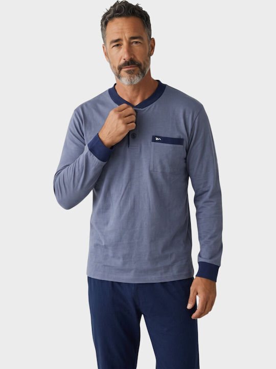 Ανδρική Πιτζάμα Collection Henley Φούτερ 65% Βαμβάκι Ελληνικής Κατασκευής Μπλέ Cl2725-61-μπλε