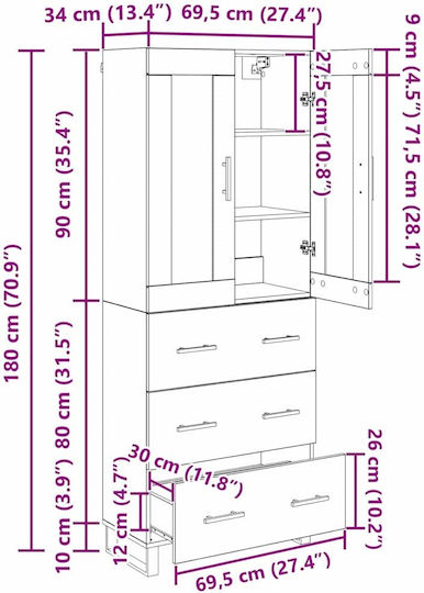 Highboard, Dulap de Sufragerie de Pardoseală din Placă Aglomerată, Stejar Artisan, 69,5x34x180 cm,