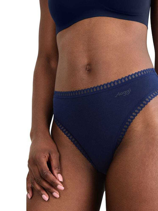Βαμβακερά Ψηλόμεσα Γυναικεία Slip 3Pack με Δαντέλα Πετρόλ