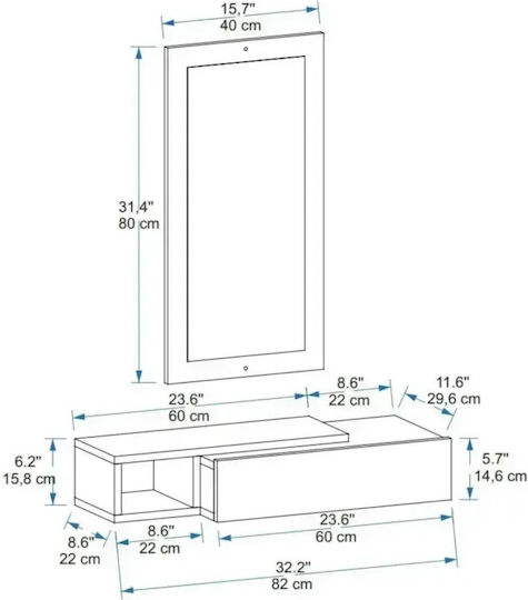 Consolă Modernă Bicoloră MDF cu Oglindă Antracit Alb 82x29.6x15.8cm