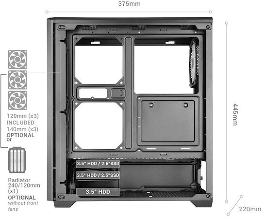 Tacens Mcquantum Gaming Midi-Turm Computergehäuse mit Seitenfenster Schwarze