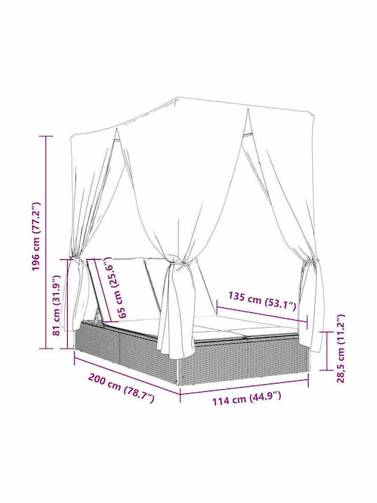 Ξαπλώστρα Διπλή Rattan με Μαξιλάρι Γκρι 200x114x196εκ.