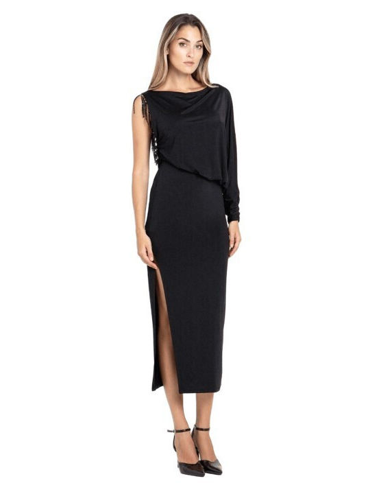 Sommer Maxi Abendkleid Satin Wickel Mit Fransen Schwarz