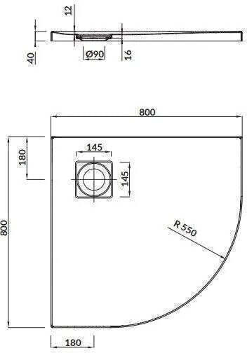 Slim Ημικυκλική Πορσελάνινη Ντουζιέρα 90x90cm Λευκή
