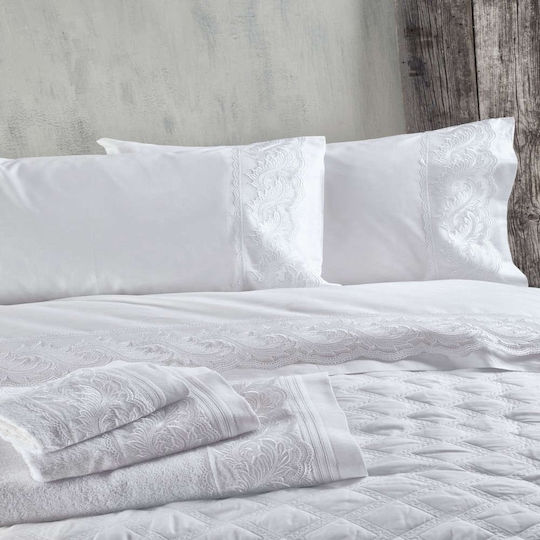 Rythmos Cotton Set of 4pcs Bridal Sheets Super Double with Lace Regata White 260x230cm
