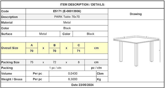 Park Outdoor Dinner Free Standing Metal Table Black 70x70x71cm